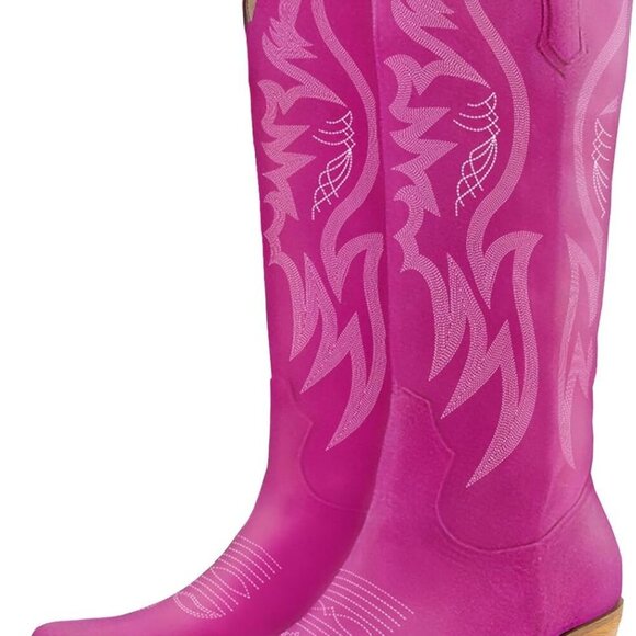 Women Cowboy Boots Faux Suede Embroidered Pointed Toe Thick Heel Wide Calf - Picture 3 of 7